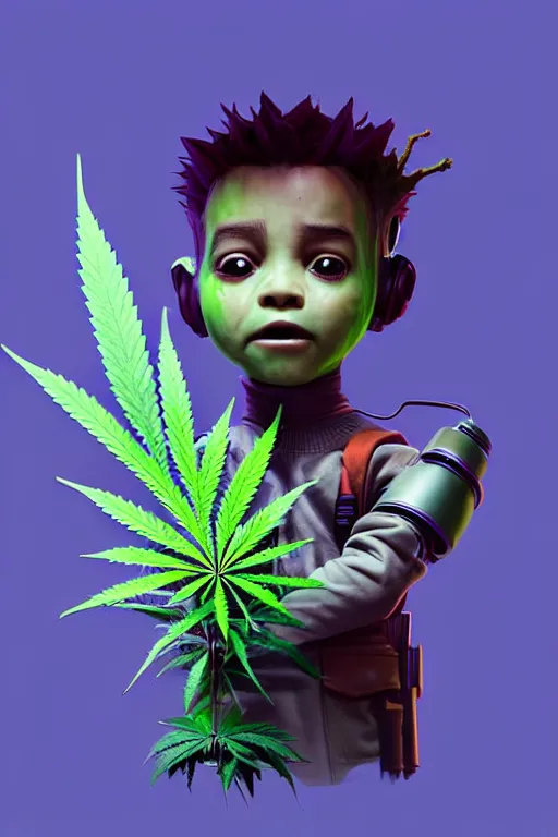 Image similar to duotone concept illustration 3 / 4 portrait of kid face consisting of marijuana, baby groot, cannabis!, high quality 3 d render very cute cyborg weed! incorporated speakers!, cyberpunk highly detailed, unreal engine cinematic smooth, in the style of blade runner & detective pikachu, hannah yata charlie immer, moody light, low angle, uhd 8 k, sharp focus