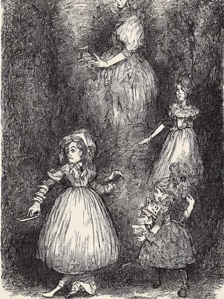 Image similar to Tenniel illustration portrait of Alice, walking in wonderland