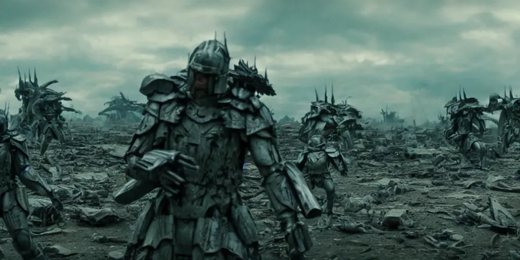 Image similar to film still of closeup futuristic god soldiers fighting in epic war, decimation, dilapidated city by emmanuel lubezki