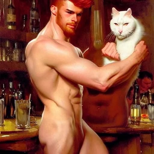 Image similar to attractive muscular male with red hair and muscular attractive white fluffy cat, drinking their hearts out, in a pub. very defined and highly detailed painting by j. c. leyendecker, gaston bussiere, craig mullins 8 k