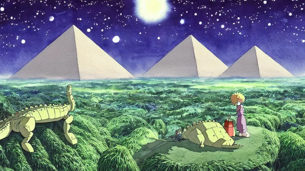 Image similar to a hyperrealist watercolor concept are from a studio ghibli film showing a giant mechanized crocodile from howl's moving castle ( 2 0 0 4 ). a pyramid is under construction in the background, in the rainforest on a misty and starry night. a ufo is in the sky. by studio ghibli