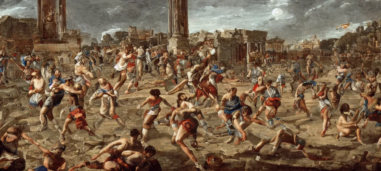 Prompt: Ancient romans playing moddern soccer in a stadium