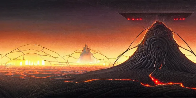 Prompt: painting lava dripping volcanic obsidian rock labyrinth with fauna covering futuristic mega city from blade in the style of florapunk by tomasz alen kopera and daniel lieske with futuristic castle by simon stahlenhag