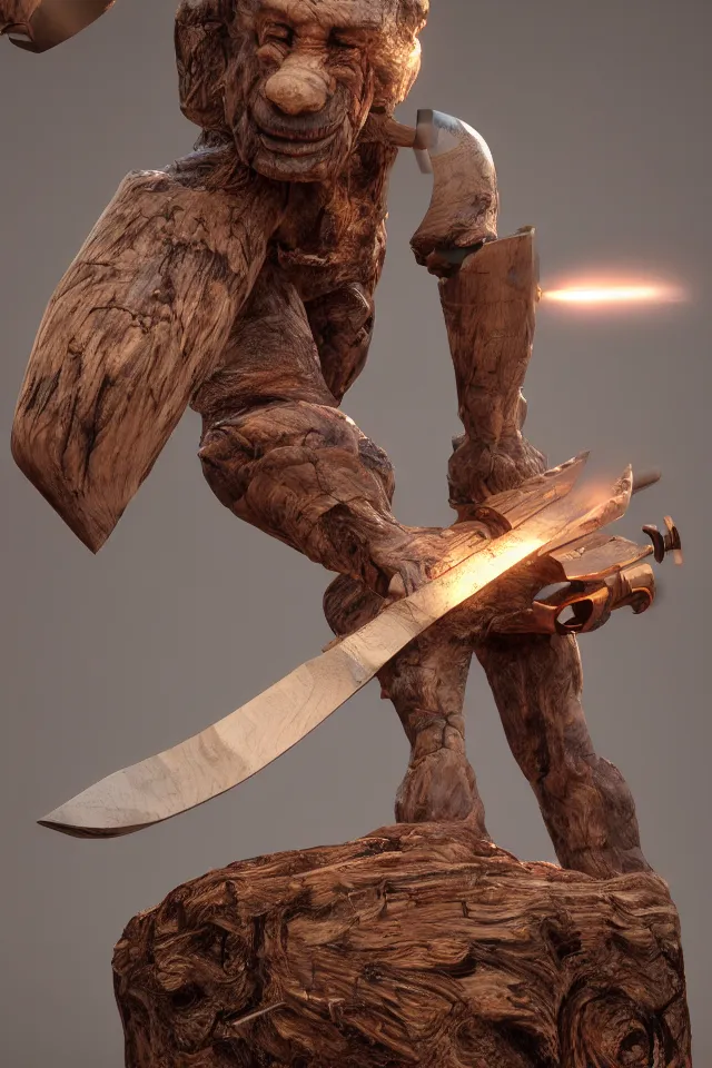 Image similar to photorealist detailled beautiful octane render portrait of a heavy wooden creature made of wood holding a shiny metallic axe, bokeh, soft focus, f 1. 8, unreal engine, particles, raytracing