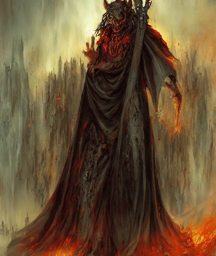 Prompt: Demon Priest, fantasy artwork, warm colors, by seb mckinnon