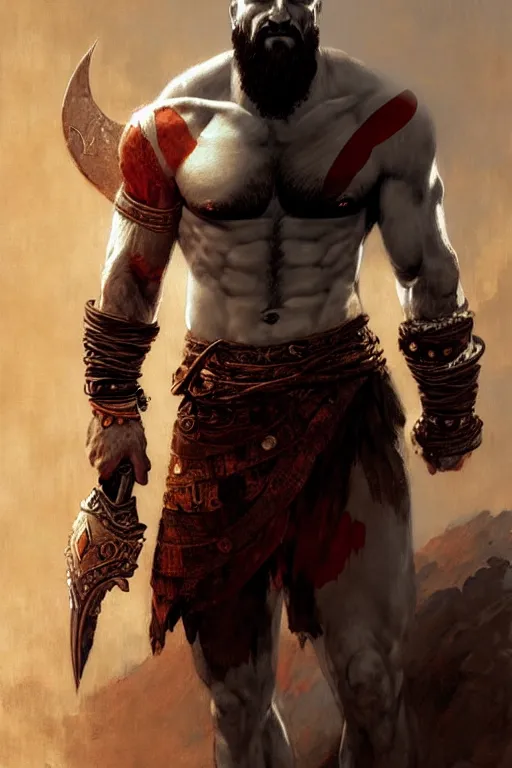 Image similar to god of war kratos half body detailed portrait dnd, painting, brush strokes by gaston bussiere, craig mullins, greg rutkowski, yoji shinkawa