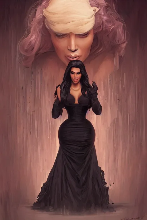 Image similar to Kim Kardashian as a heroine with a dress inspired by american horror story, digital painting, artstation, concept art, smooth, sharp focus, illustration, in-frame, centered, art by artgerm and donato giancola and Joseph Christian Leyendecker, Ross Tran, WLOP