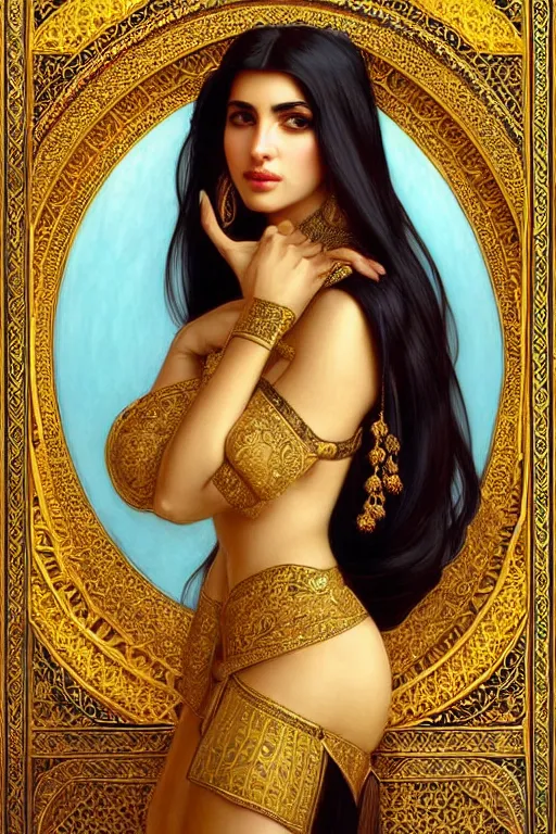 Image similar to Beautiful portrait of an attractive Persian Princess who is an architect, beautiful princess, face painting, architecture, persian style architecture, dramatic lighting, intricate, wild, highly detailed, digital painting, artstation, concept art, smooth, sharp focus, illustration, gold+yellow+white+Turquoise, art by artgerm and greg rutkowski and alphonse mucha, footage from space camera