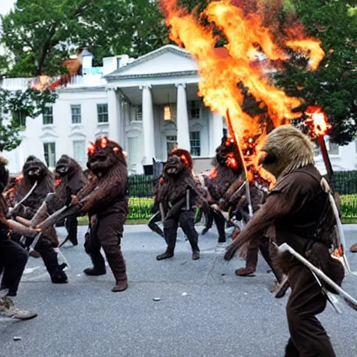 Image similar to a still of hundreds of ewoks rioting in front of a the white house in washington.!!!, flaming torches and pitchforks