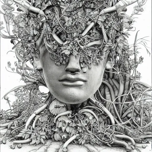 Image similar to botanical sketch of a cybernetic The thinker sculpture with mushrooms and peyote at the base, surrounded by a lush jungle and vines, high detail, b&w,