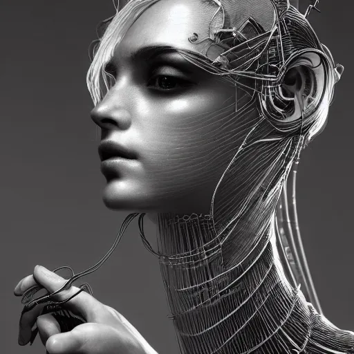 Image similar to the portrait of an absurdly beautiful, graceful, sophisticated, fashionable cyberpunk gravure idol, an ultrafine hyperdetailed illustration by kim jung gi, irakli nadar, matt wisniewski, intricate linework, iridescent wiring, porcelain skin, unreal engine 5 highly rendered, global illumination, radiant light, detailed and intricate environment