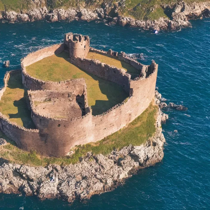 Prompt: aerial view of an ancient fortress from above on a hill by the ocean shaped exactly like the punisher symbol detailed