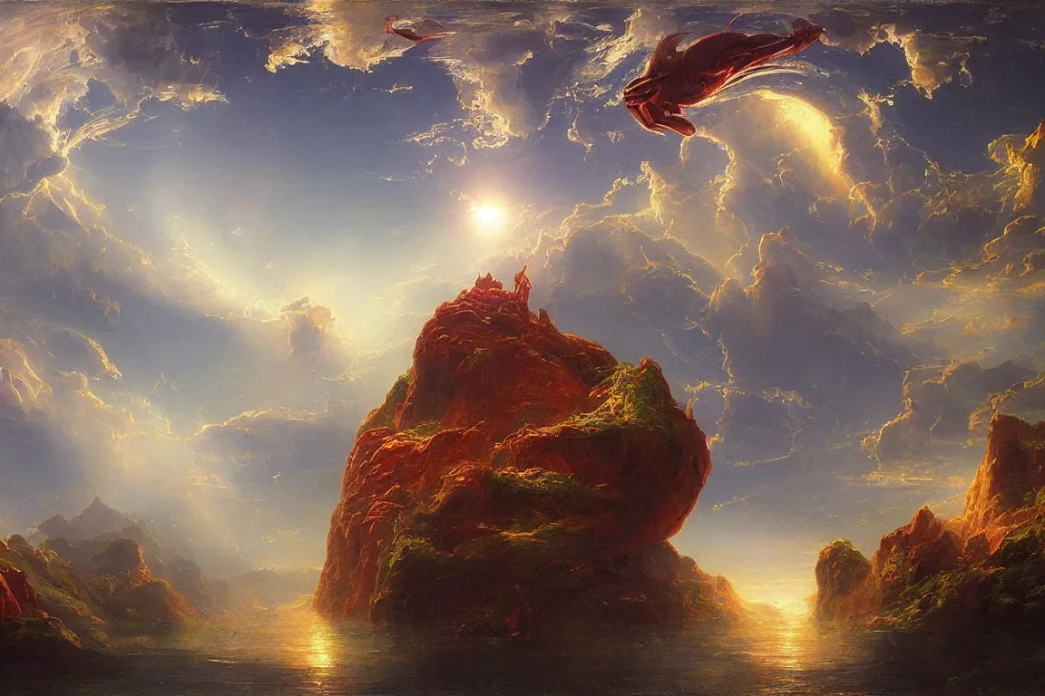 Prompt: impossible floating alien archipielago, concept art by albert biertadt, thomas cole, frederic edwin church, hudson river school, majestic, awe - inspiring, breathtaking