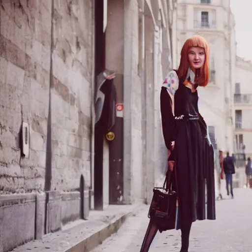 Prompt: realistic photoshoot of friendly unicorn lookbook in Paris, color film photography, portrait of a beautiful customers in style of Doisneau, 35mm, ektachrome