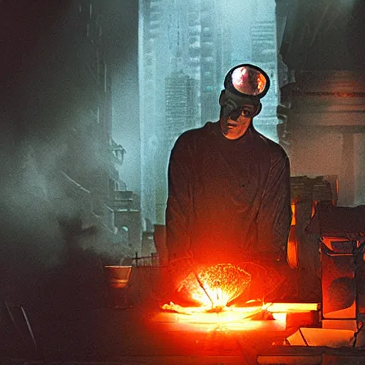 Image similar to augmented human repairing old imac, dark messy smoke - filled cluttered workshop, dark, dramatic lighting, orange tint, cinematic, highly detailed, sci - fi, futuristic, movie still from blade runner