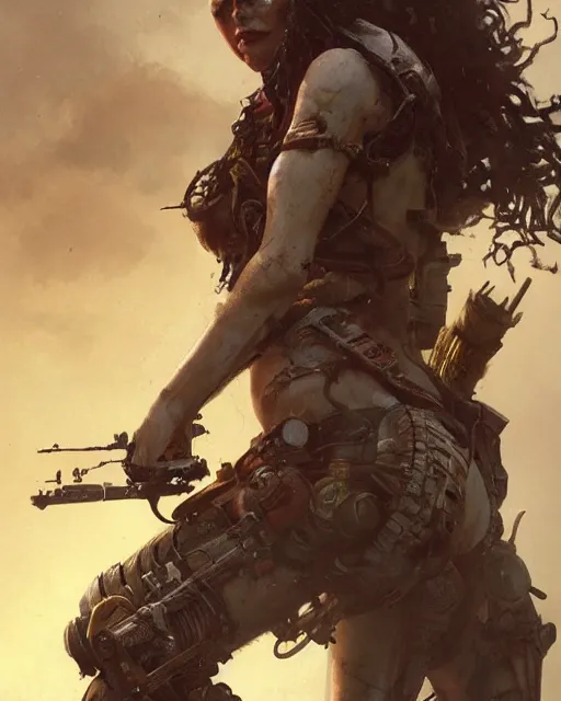 Image similar to hyper realistic photo of postapocalyptic nomad cyborg goddess, full body, cinematic, artstation, cgsociety, greg rutkowski, james gurney, mignola, craig mullins, brom