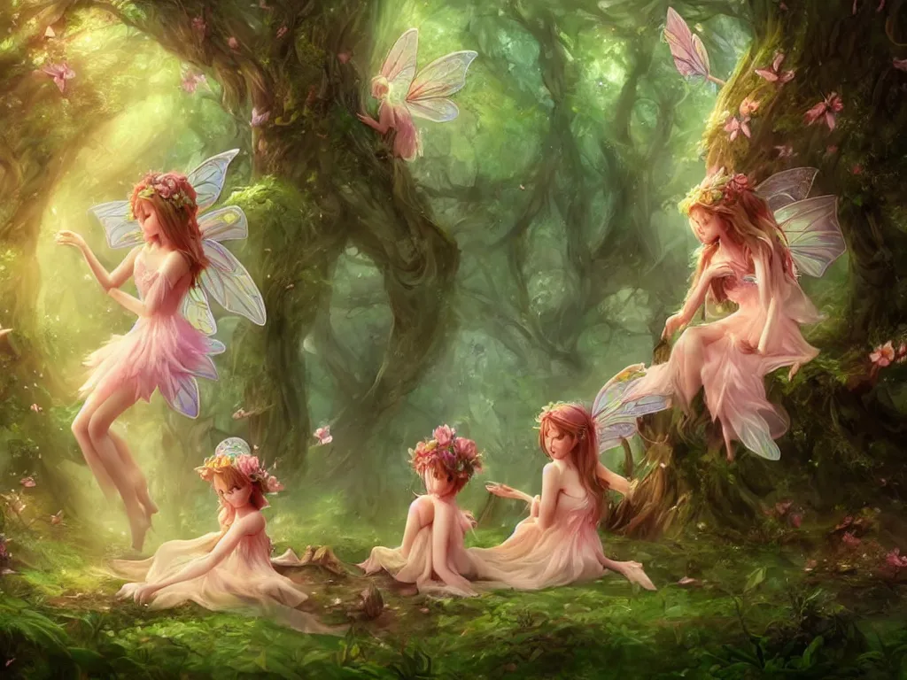 Image similar to two cute fairy in the dreamy forest, fantasy, dreamlike, 8 k resolution, hyper detailed, d & d, character design, digital painting, trending on artstation, sharp focus, illustration, art by artgerm, viktoria gavrilenko, hoang lap, fuji choko, steve zheng