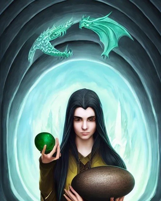 Image similar to portrait of elven teenage mage with long black hair holding dragon egg by artgerm modern fantasy 4 k ultra high resolution