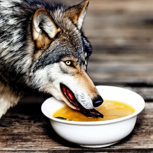 Image similar to photo of a wolf drinking licking soup