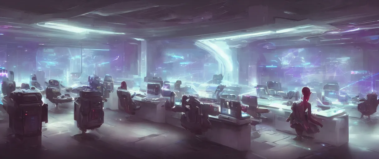 Prompt: futuristic computers in a room with holograms of screens, figure facing towards it, futuristic, concept art, matte painting, digital art, high detail, trending on art station, style of jordan grimmer