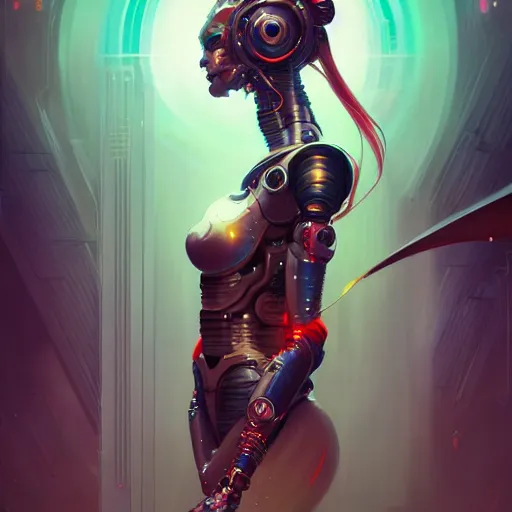 Prompt: a portrait of a beautiful cybernetic geisha, cyberpunk concept art by pete mohrbacher and wlop and artgerm and josan gonzales, digital art, highly detailed, intricate, sci-fi, sharp focus, Trending on Artstation HQ, deviantart, unreal engine 5, 4K UHD image