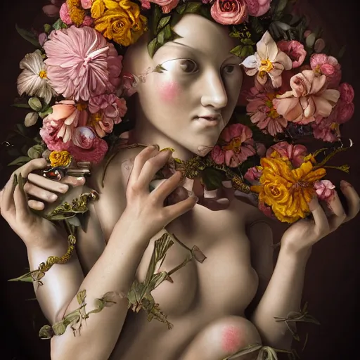 Prompt: photorealistic beautiful cyborg hands holding one elaborate maximalist flower. in the style of Michelangelo and flemish baroque. HD 8x matte background