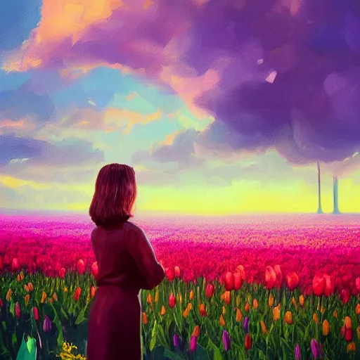 Prompt: large tulip face, girl standing in a flower field, surreal photography, sunrise dramatic light, impressionist painting, colorful clouds, digital painting, artstation, simon stalenhag