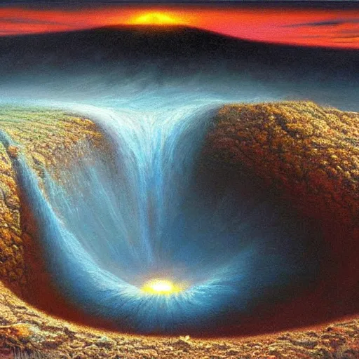 Image similar to a painting of a giant vortex hole in lake tahoe, a surrealist painting by Bob Eggleton, deviantart, nuclear art, apocalypse art, apocalypse landscape, hyper realism