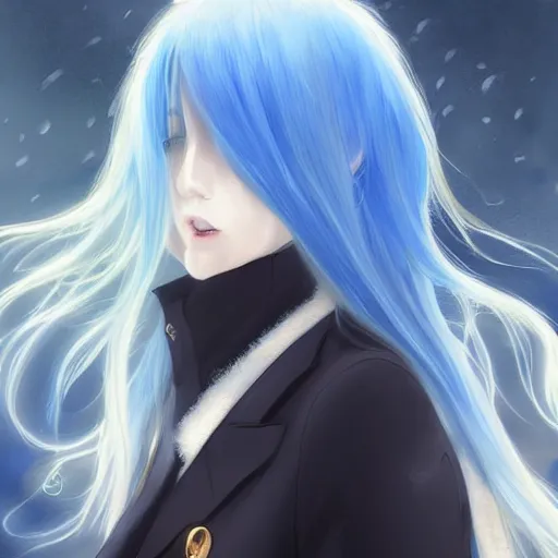 Prompt: side profile of rimuru tempest with sky blue hair, long hair, sharp face, gold eyes, high collar, black jacket | shiny, highly detailed, rain, professional digital painting, concept art, award - winning photography, cinematic, wlop | art by pixiv art, yoshitaka amano, junji ito