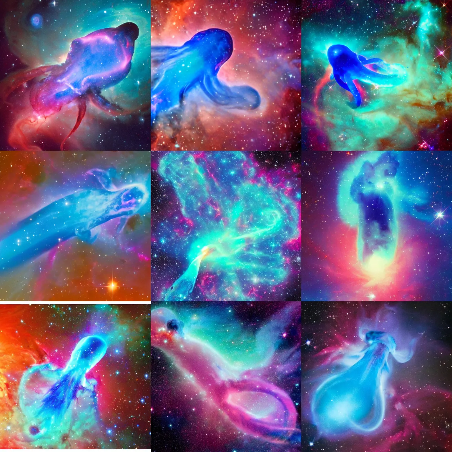 Prompt: a giant glowing blue squid is swimming through the beautiful nebula in space. detailed, colourful.