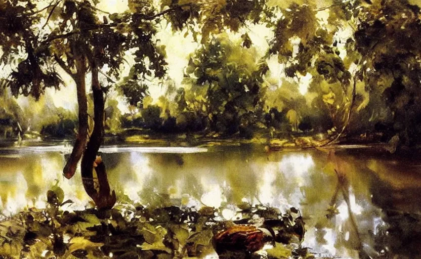 Image similar to oil painting lanscape by anders zorn, jungle nature, fruit trees, very very very very beautiful art, dramatic light, water reflections, crocodile river