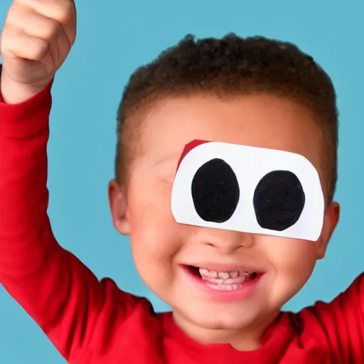 Image similar to child drawing of red eyed smiling emoji smiling thumb up