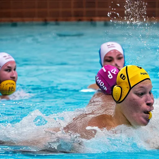 Image similar to hippopotamuses playing water polo against people. sports photograph.