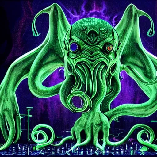 Image similar to cthulhu with headphones playing synthesizers, lights, lasers, music, highly detailed, realistic, technology and magic,