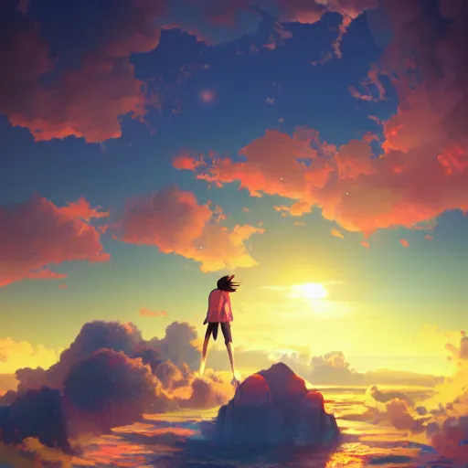 Prompt: photo cartoon illustration comics manga painting of pixiv, fantastic atlantis, red sunset and lots of clouds, fairy tales, bright colors and high picture, quality, by makoto shinkai, hdr, digital painting, octane render, 8 k, volumetric lighting, contrast