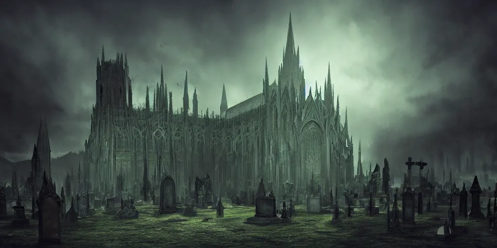 Prompt: a dark fantasy landscape with a Gothic Cathedral with a cemetary, wide angle, super highly detailed, professional digital painting, artstation, concept art, smooth, sharp focus, no blur, no dof, extreme illustration, Unreal Engine 5, Photorealism, HD quality, 8k resolution, cinema 4d, 3D, beautiful, cinematic, art by artgerm and greg rutkowski and alphonse mucha and loish and WLOP