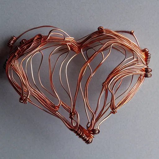 Image similar to a very beautiful tiny human heart organic sculpture made of copper wire and threaded pipes, very intricate, curved. studio lighting, high resolution, high quality, black background