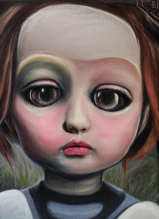 Image similar to chalk painting of a realistic android child with big round eyes, thin lips, wide nose and long hair