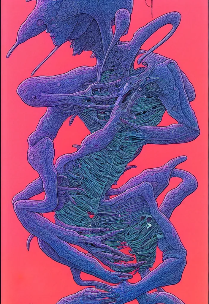 Image similar to ( ( ( ( a humanoid creature from another planet. ) ) ) ) by mœbius!!!!!!!!!!!!!!!!!!!!!!!!!!!, overdetailed art, colorful, artistic record jacket design