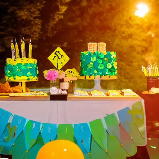 Prompt: photo of caterpillar birthday party in the forest at night