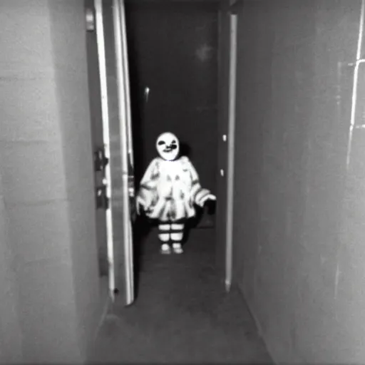 Prompt: terrifying clown in the corner of a dark room, creepypasta, security cam footage