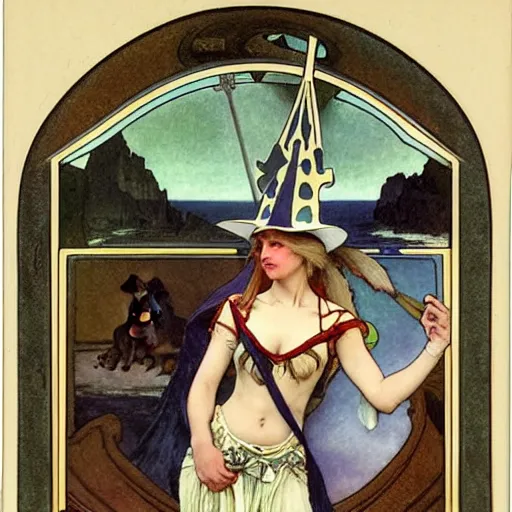 Prompt: A demon girl with jester hat and clothes on a greek archi circle on the front of a Balustrade with a beach and a sail boat on the background, major arcana cards, by paul delaroche, alphonse mucha and arnold böcklin arnold böcklin hyperrealistic 8k, very detailed