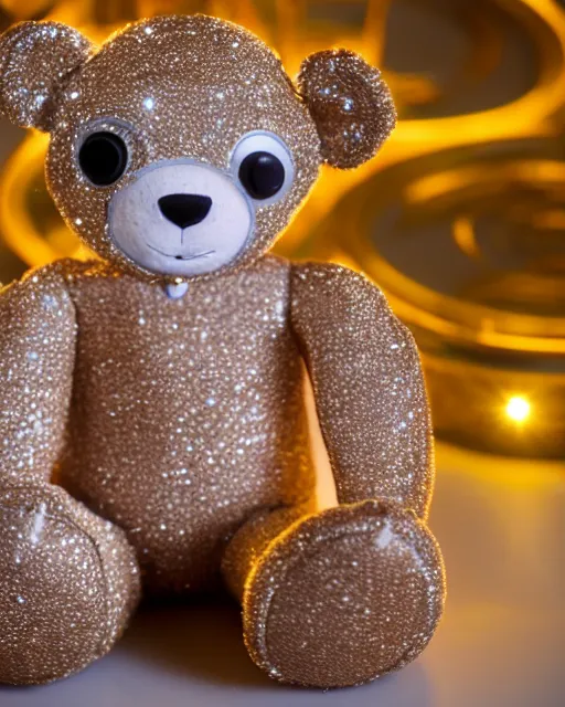 Image similar to high quality presentation night photo of an illuminated cute retro toy robot teddy bear, photography 4k, f1.8 anamorphic, bokeh, 4k, Canon, Nikon