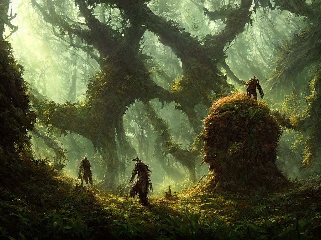 Image similar to a walking druid abomination, heavily forested, overgrown trees, beautiful lighting, beautiful landscape beautifully designed character, award winning collaborative painting by geg ruthowski, alphonse murac, craig mullins, ruan jia, wlop, yoji shinkawa, collaborative artwork, exquisitely high quality and detailed, overwhelmingly favorited by critics, game wallpaper