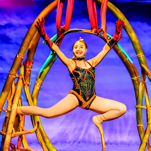 Image similar to a cute young female performer in cirque du soleil is doing an extreme contortionist pose. professional promotional photography.