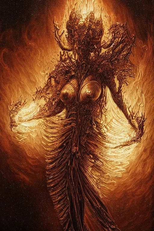 Image similar to a fire biomechanical dancer by artgem and les edwards, gustave dore, highly detailed, high contrast, light reflection, trippy, nebula, trending on artstation