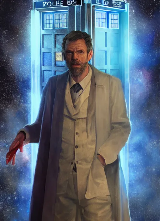 Image similar to portrait of doctor house standing next to tardis from doctor who, au naturel, hyper detailed, digital art, trending in artstation, cinematic lighting, studio quality, smooth render, unreal engine 5 rendered, octane rendered, art style by klimt and nixeu and ian sprigger and wlop and krenz cushart.