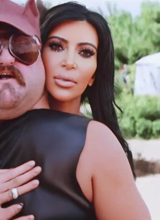 Image similar to film still of kim kardashian being hugged by bubbles from trailer park boys,