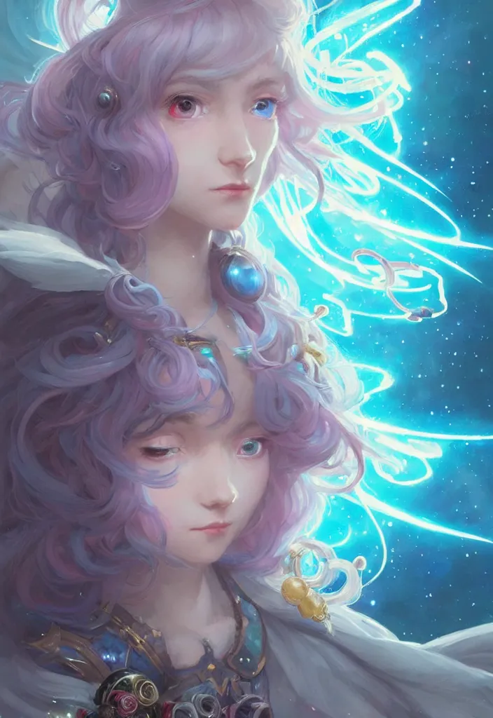 Image similar to close up picture of an maximalist dress magical girl, neat hair with bangs, smug face, extremely beautiful and aesthetic and detailed cute face and eyes, wipe out evils with cute astronaut familiar sprites, aming the magical beams to the camera, chiaroscuro, intricate, masterpiece, epic fantasy illustrations by peter mohrbacher and anato finnstark and jeremy lipking