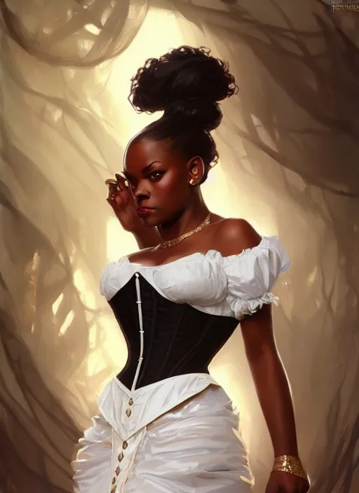 Image similar to cute black woman wearing a white corset dress, fantasy, intricate, highly detailed, digital painting, artstation, concept art, wallpaper, smooth, sharp focus, illustration, art by artgerm and greg rutkowski and alphonse mucha